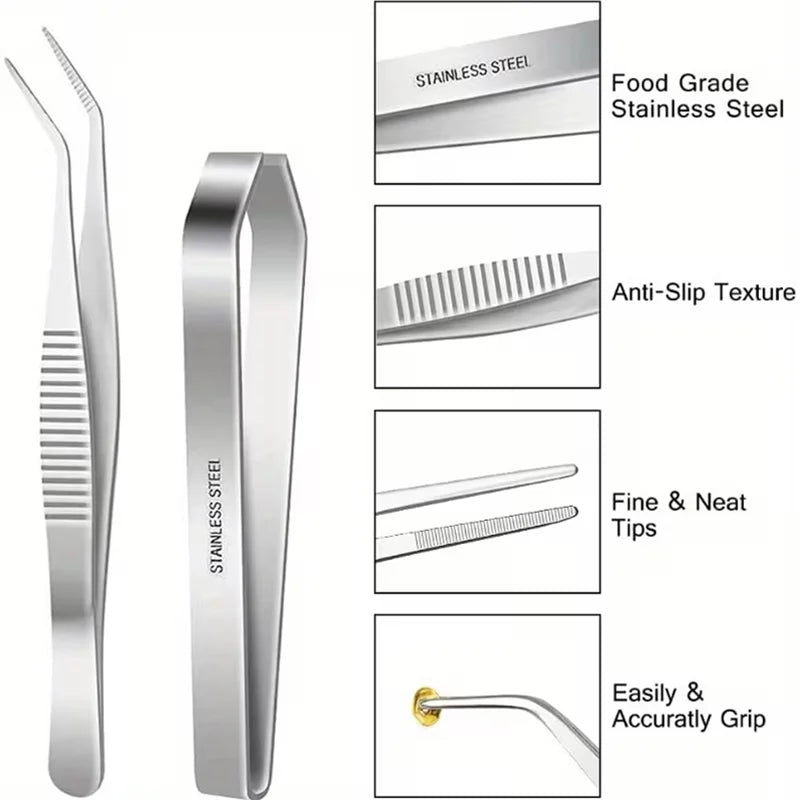 Kitchenley 7-Piece Stainless Steel Fish Bone Tweezers Set – Flat & Angled Serrated Tip Seafood Tweezers
