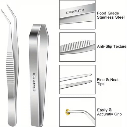 Kitchenley 7-Piece Stainless Steel Fish Bone Tweezers Set – Flat & Angled Serrated Tip Seafood Tweezers