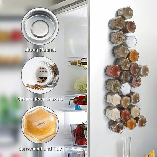 24 Hexagon Magnetic Glass Spice Jars with Shaker Lids and Labels for Kitchen, Fridge, RV
