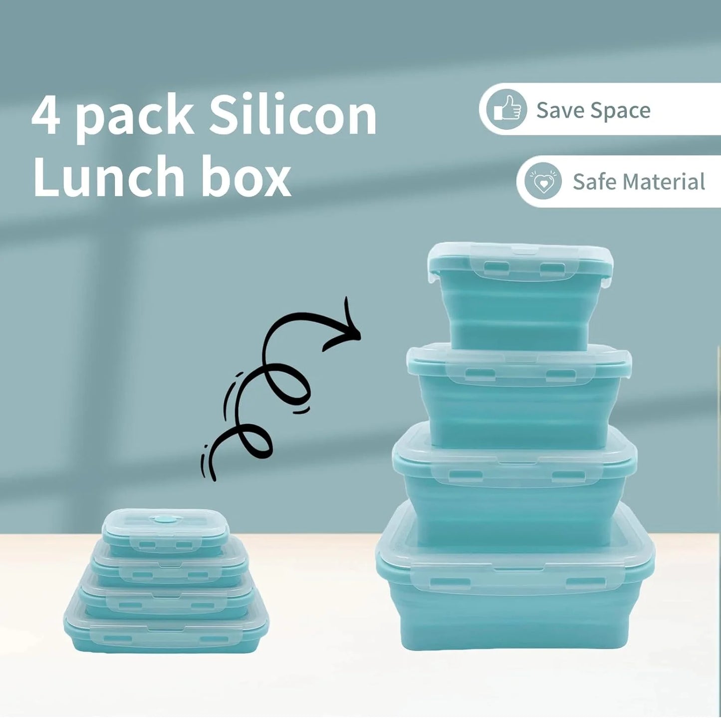 4 Pack Silicon Lunch Box Flat Stacks Collapsible Food Storage Containers With Lids Leftover Meal Box For Kitchen BPA Free