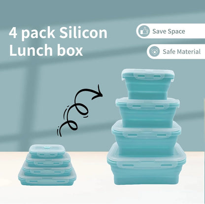 4 Pack Silicon Lunch Box Flat Stacks Collapsible Food Storage Containers With Lids Leftover Meal Box For Kitchen BPA Free