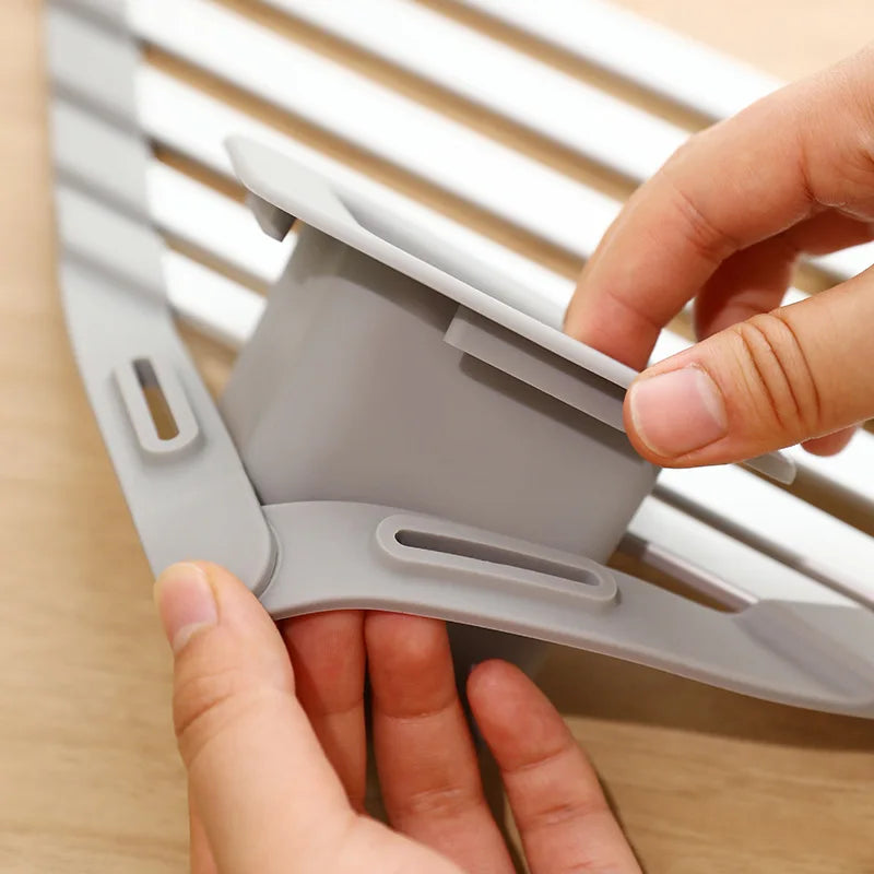 Aluminum Triangle Corner Dish Drying Rack – Roll-Up Folding Sink Drain Basket & Sponge Holder