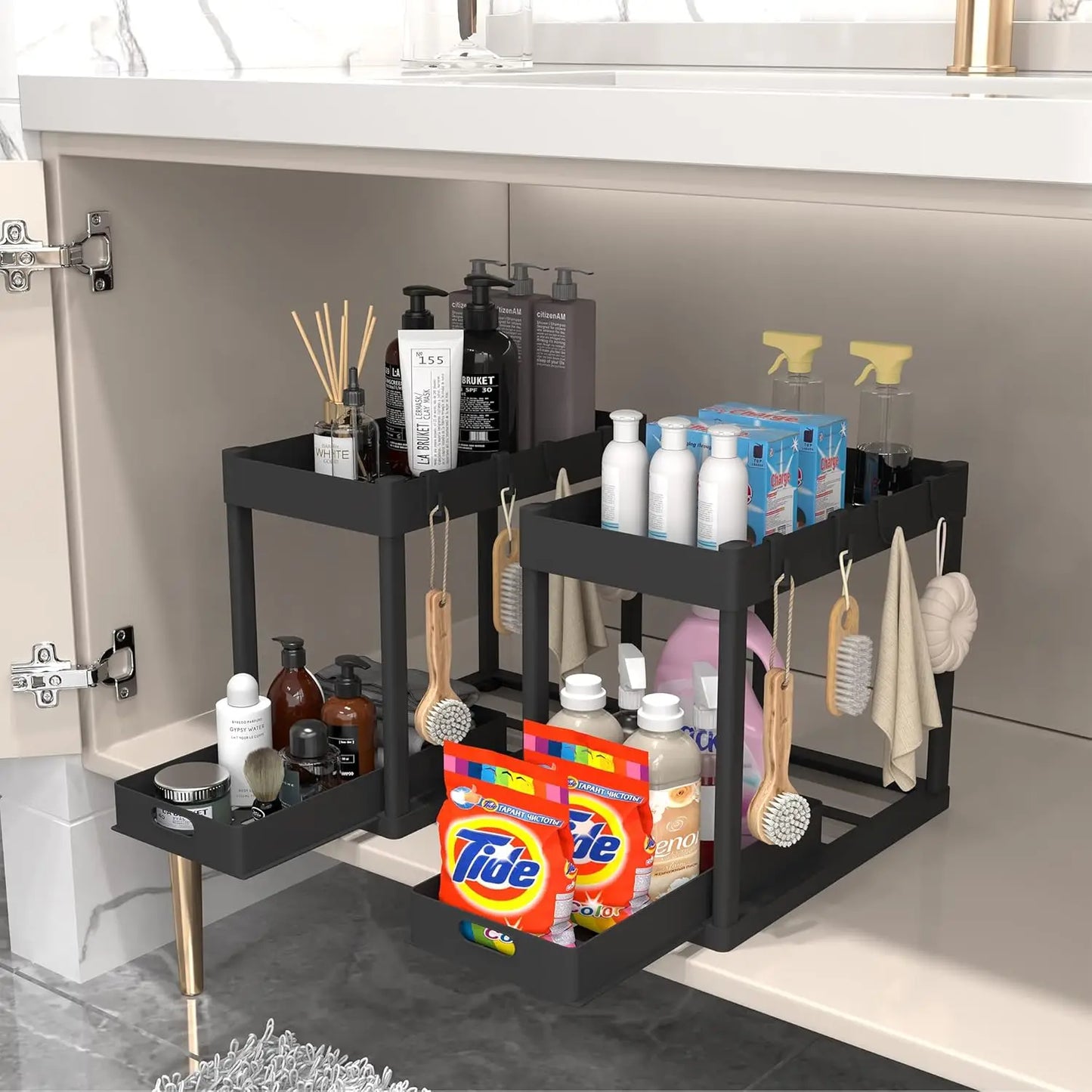 Double-tier sink-mounted storage rack, kitchen cabinet shelving unit, multi-purpose bathroom storage basket.