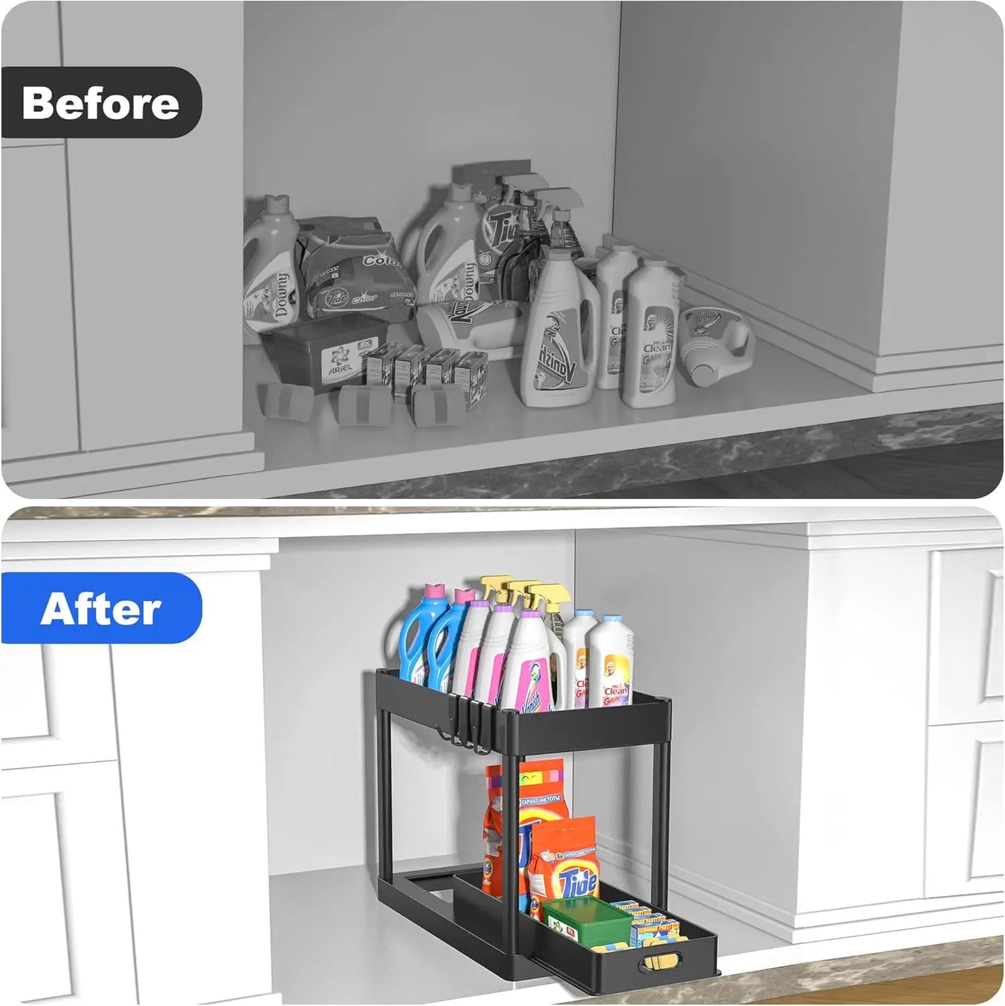 Double-tier sink-mounted storage rack, kitchen cabinet shelving unit, multi-purpose bathroom storage basket.